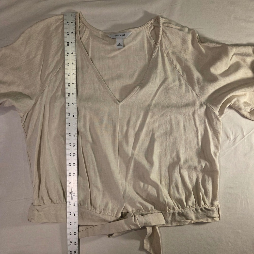 Nine West‎ Women's Cream Linen Blend Half Sleeve Tie Front Blouse Size L Cropped - Picture 9 of 11